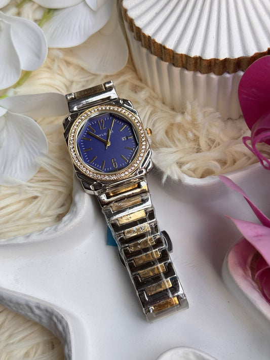 💙 Stylish Two-Tone Silver & Gold Watch with Royal Blue Dial – Elegant Crystal Bezel