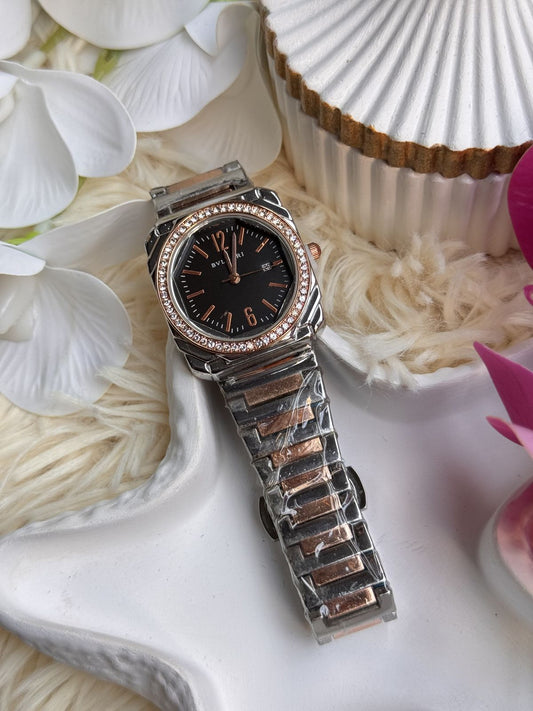 🖤 Bvlgari-Inspired Two-Tone Luxury Watch with Black Dial & Rose Gold Accents