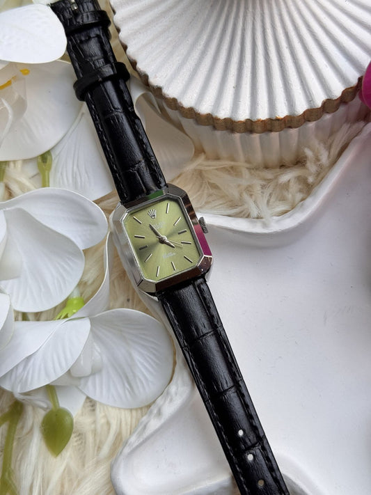 ⌚ Classic Rolexx Cellini-Inspired Watch – Elegant Green Dial with Black Leather Strap