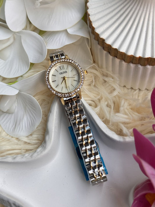 ✨ Oliya Women’s Two-Tone Luxury Watch – Crystal Bezel with Classic White Dial