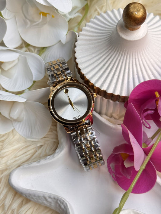 💛 Oliya Women’s Minimalist Two-Tone Watch – Silver Dial with Golden Accents