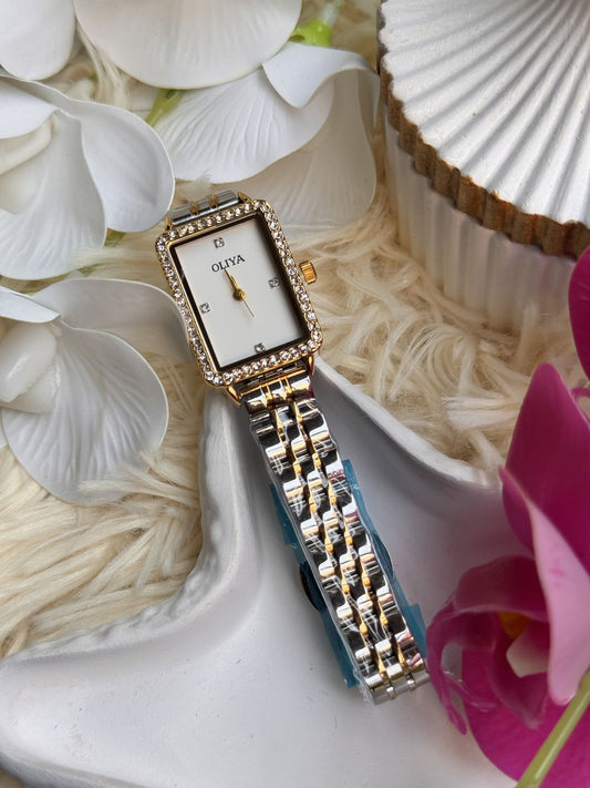💎 Oliya Women’s Rectangular Crystal Bezel Watch – Two-Tone Silver & Gold Luxury Design