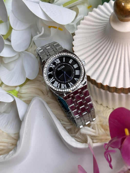 🖤 Oliya Women’s Silver Crystal Bezel Watch – Black Roman Dial & Polished Metal Bracelet