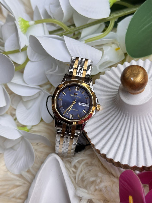 💙 Geneva Women’s Two-Tone Blue Dial Watch – Elegant Gold & Silver Design with Day-Date Display