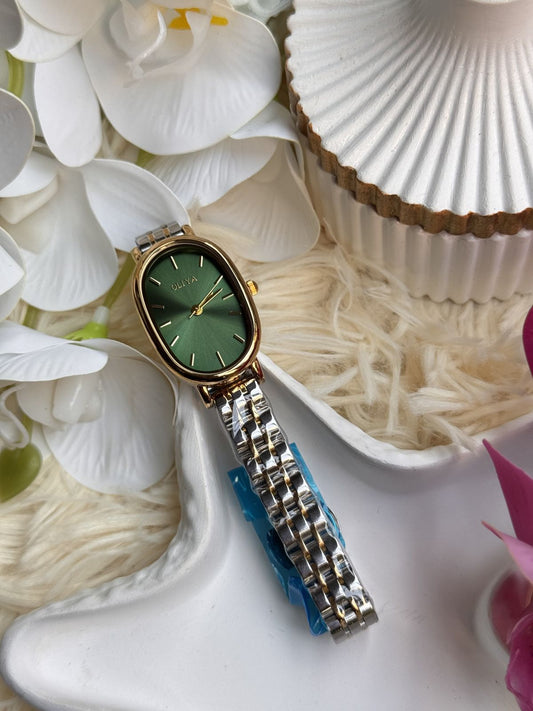 💚 Oliya Women’s Green Dial Two-Tone Luxury Watch – Gold & Silver Elegant Design