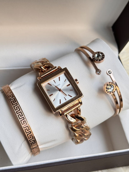 💖 GUESSS Rose Gold Women’s Square Dial Watch & Bracelet Gift Set