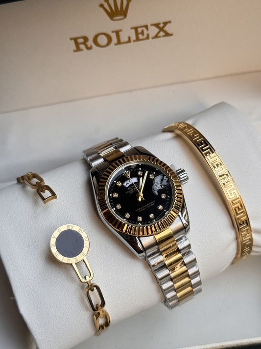 ⌚ Rolexx Two-Tone Black Dial Luxury Men’s Watch & Bracelet Gift Set