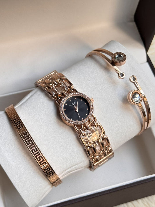 💖 GUESSS Rose Gold Women’s Black Dial Luxury Watch & Bracelet Gift Set