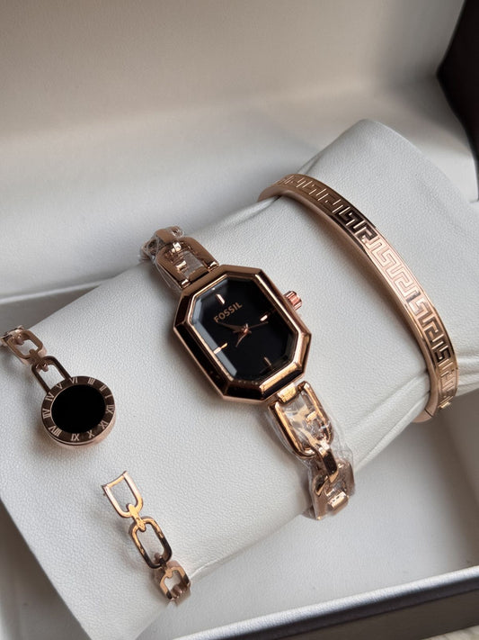 💖 FOSSILL Rose Gold Women’s Black Dial Luxury Watch & Bracelet Gift Set