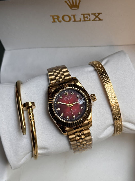 👑 Rolexx Full Gold Red Dial Luxury Men’s Watch & Bracelet Gift Set