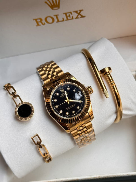 👑 Rolexx Full Gold Black Dial Men’s Luxury Watch & Bracelet Gift Set