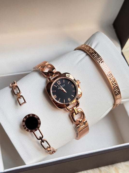 💖 GUCCII Rose Gold Women’s Black Dial Luxury Watch & Bracelet Gift Set