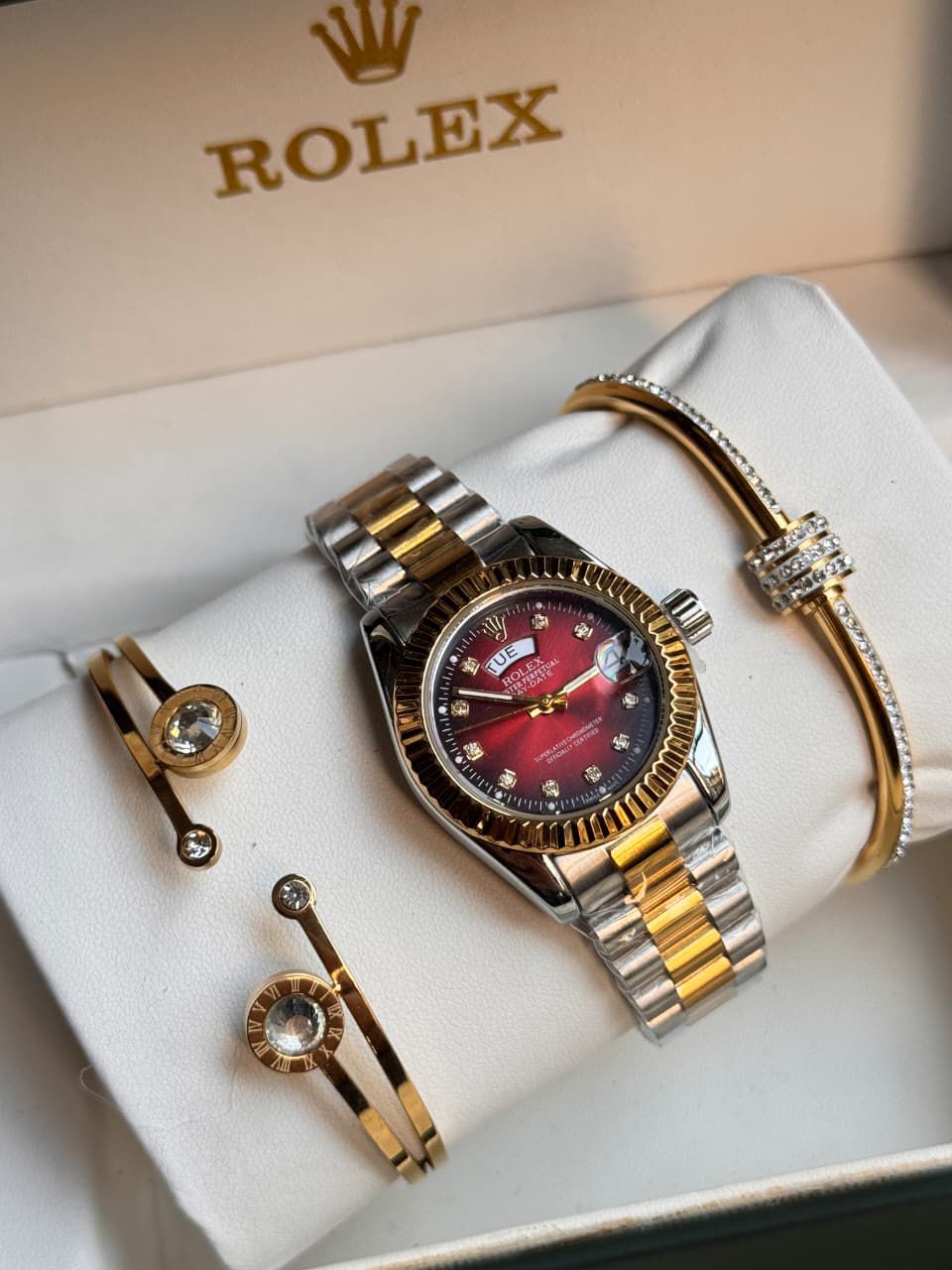 👑 Rolexx Two-Tone Red Dial Luxury Men’s Watch & Bracelet Gift Set