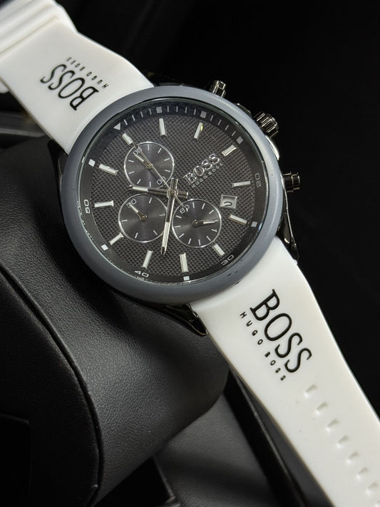 Hugoo Bosss Men’s Chronograph Watch with White Silicone Strap & Grey Dial