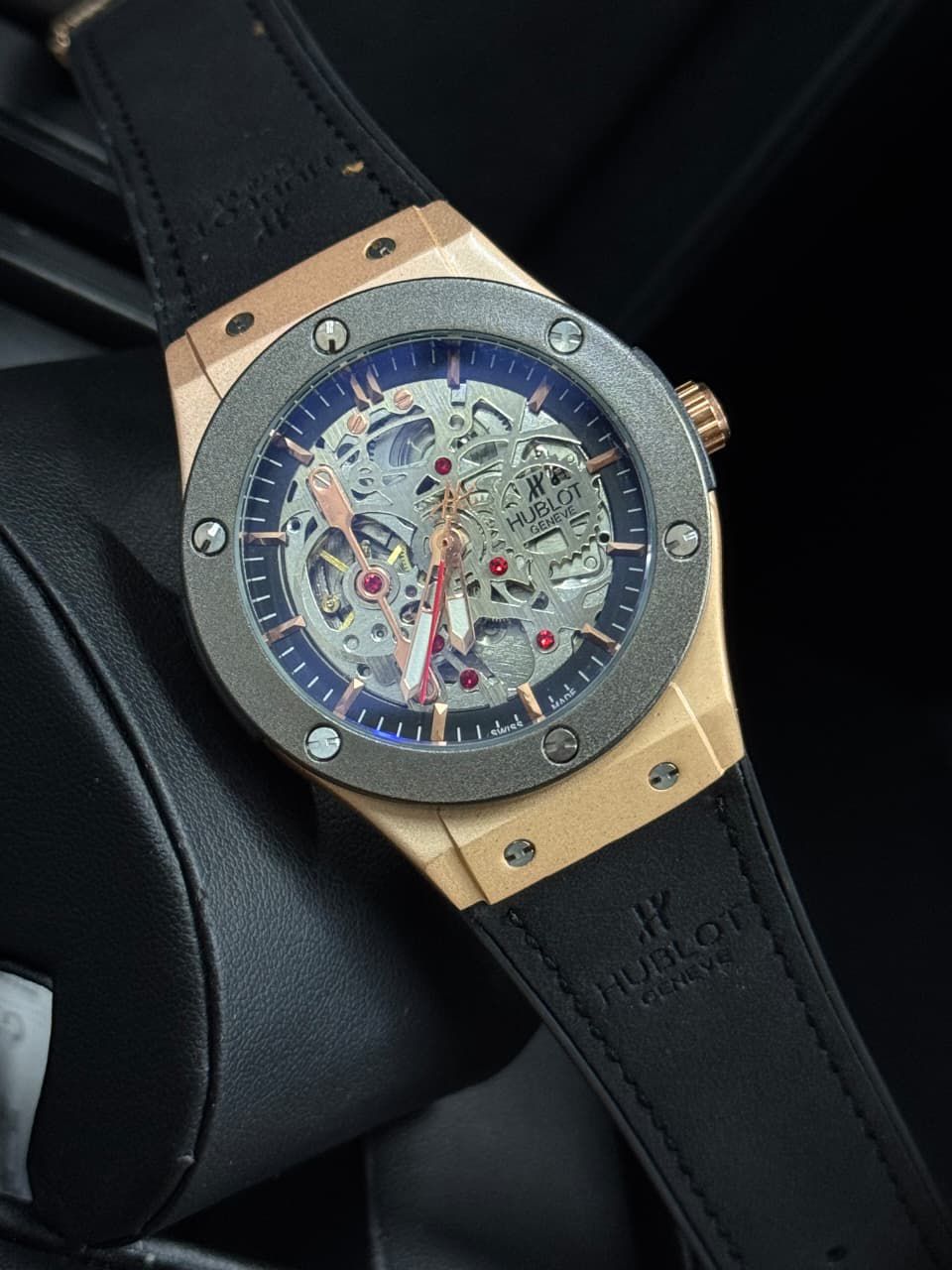 Hublott Men’s Skeleton Automatic Watch – Black Leather Strap, Rose Gold Case