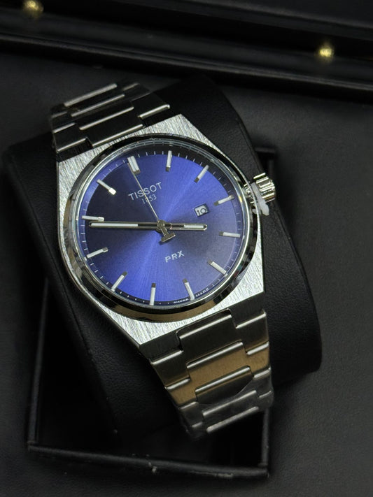 Tissott PRX Men’s Stainless Steel Watch | Blue Sunburst Dial | Swiss Quartz | Date Display