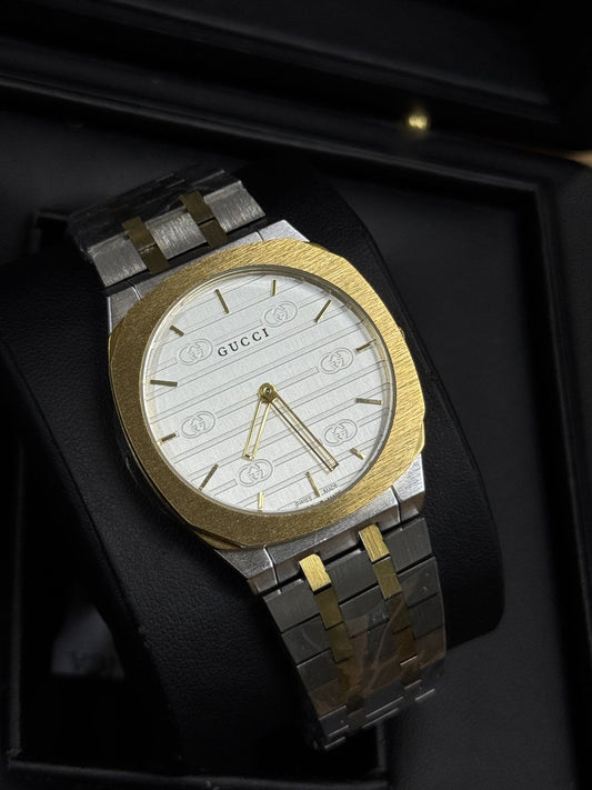 Guccii 25H Two-Tone Mens Watch - Silver & Gold Ultra-Thin Bracelet - 38mm Swiss Made Luxury Timepiece