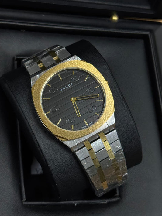 Guccii 25H Two-Tone Mens Watch - Silver & Gold Ultra-Thin Bracelet - 38mm Swiss Made Luxury Timepiece