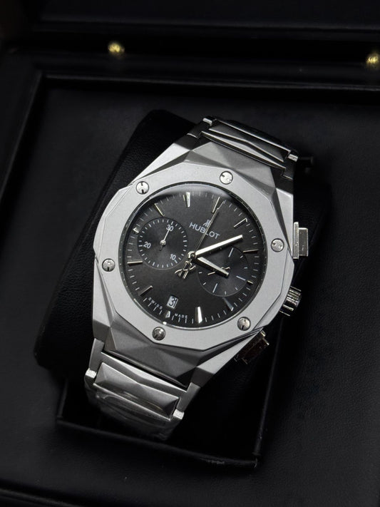⌚ Hublott-Style Chronograph Watch – Silver Case & Black Dial