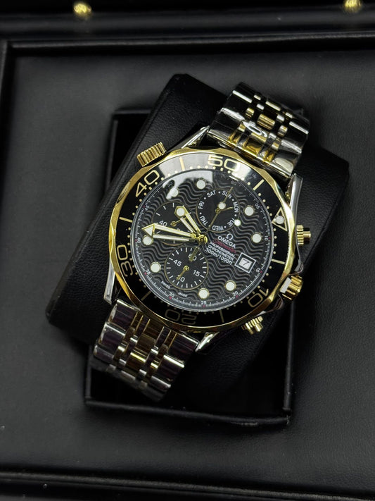 ⌚ Omegaa Seamaster–Style Chronograph Watch – Black & Gold