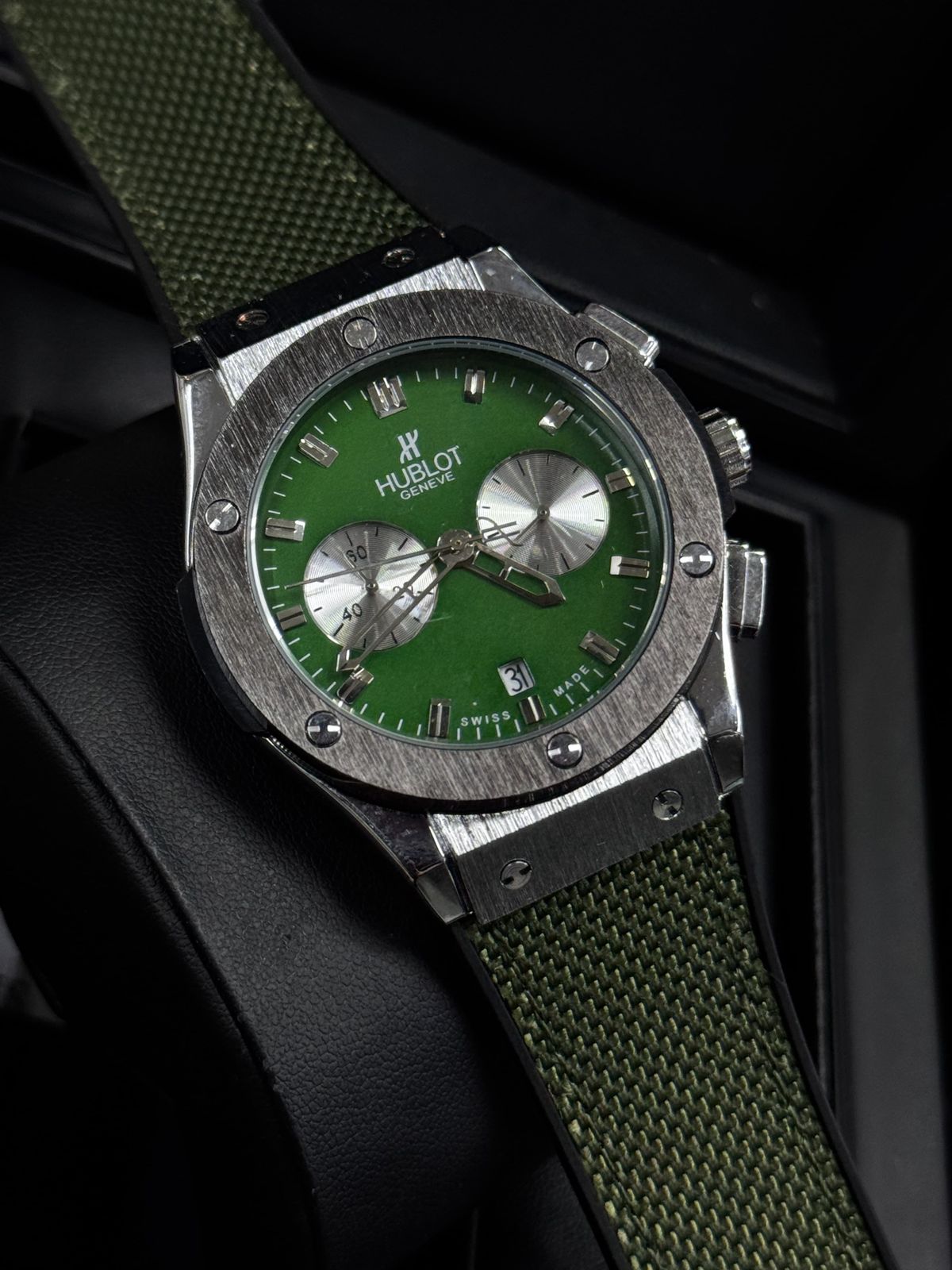 ⌚ Hublott–Style Green Dial Chronograph Watch with Canvas Strap