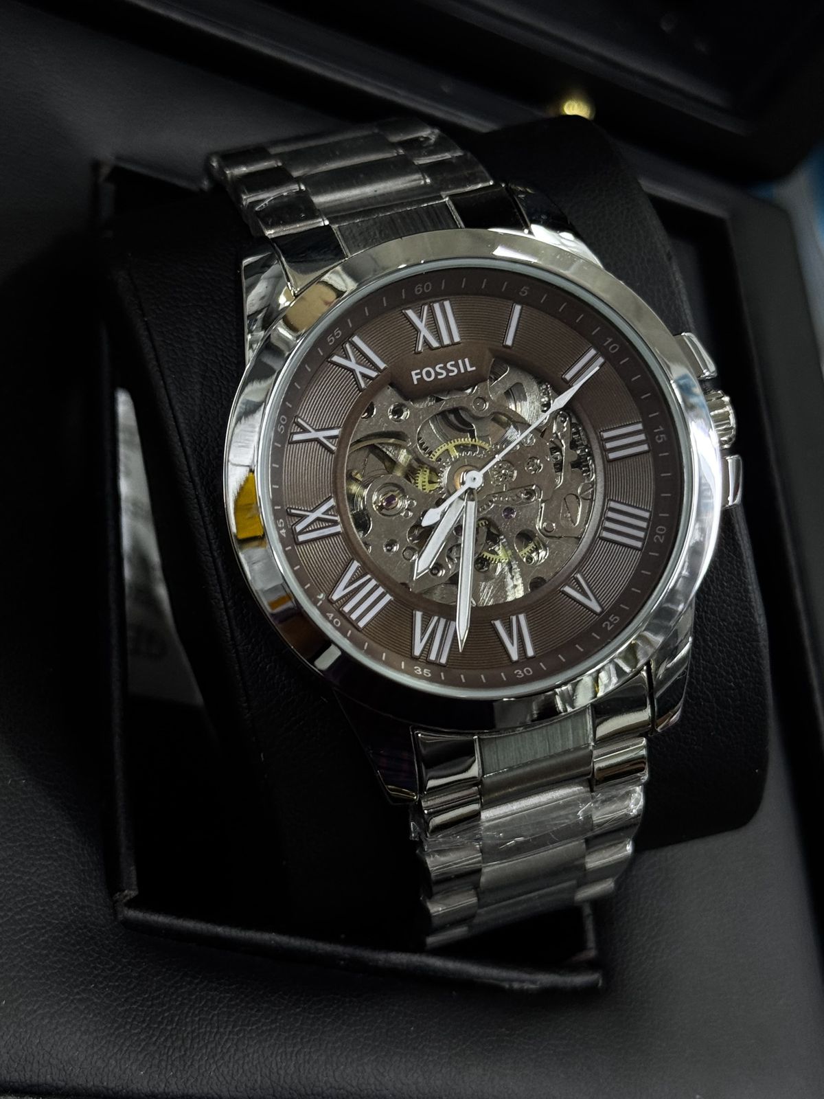 ⌚ Fossill Skeleton Automatic Watch – Brown Dial & Stainless Steel Bracelet (Men’s)