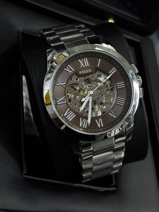 ⌚ Fossill Skeleton Automatic Watch – Brown Dial & Stainless Steel Bracelet (Men’s)