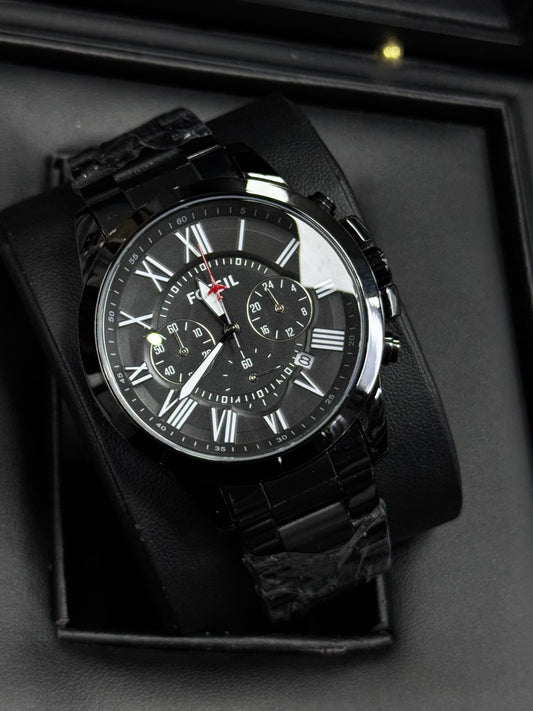 ⌚ Fossill Style Chronograph Watch – Black Dial & Black Metal Strap (Men’s)