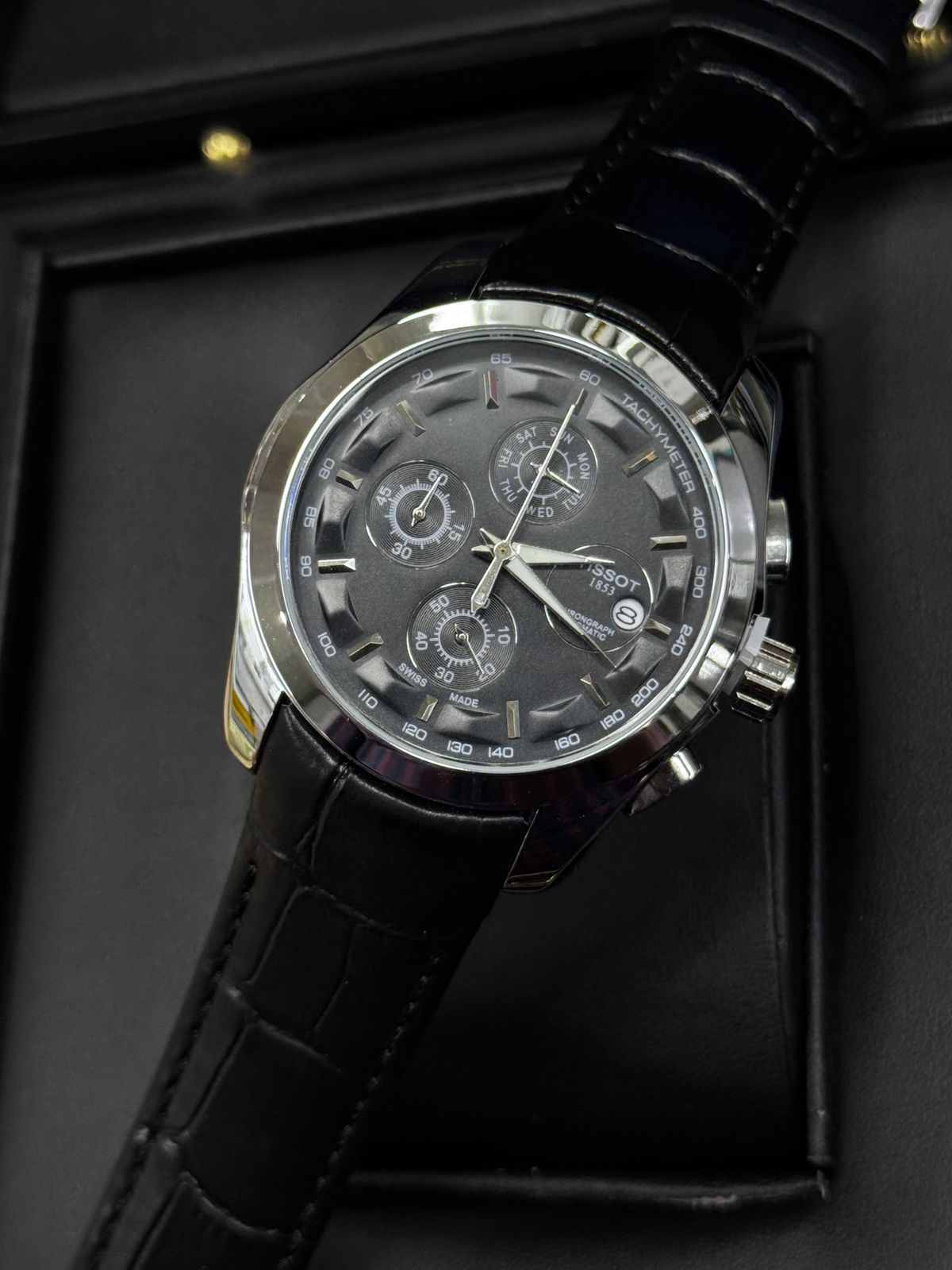 ⌚ Tissott Style Chronograph Watch – Black Dial & Leather Strap