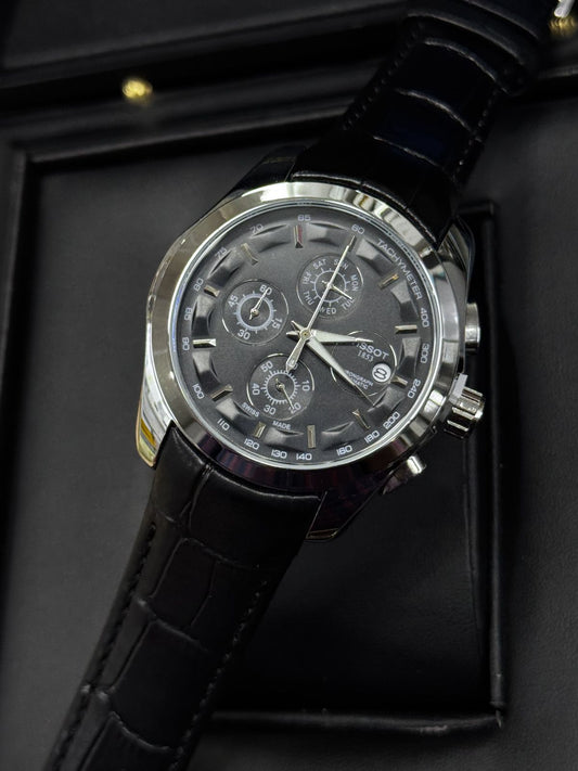 ⌚ Tissott Style Chronograph Watch – Black Dial & Leather Strap