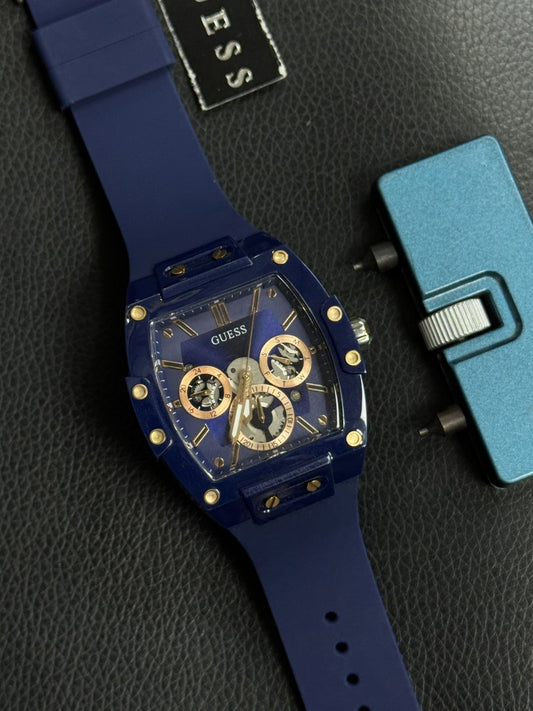 Guesss Blue Square Dial Watch – Silicone Strap – Gold Accents – Quartz