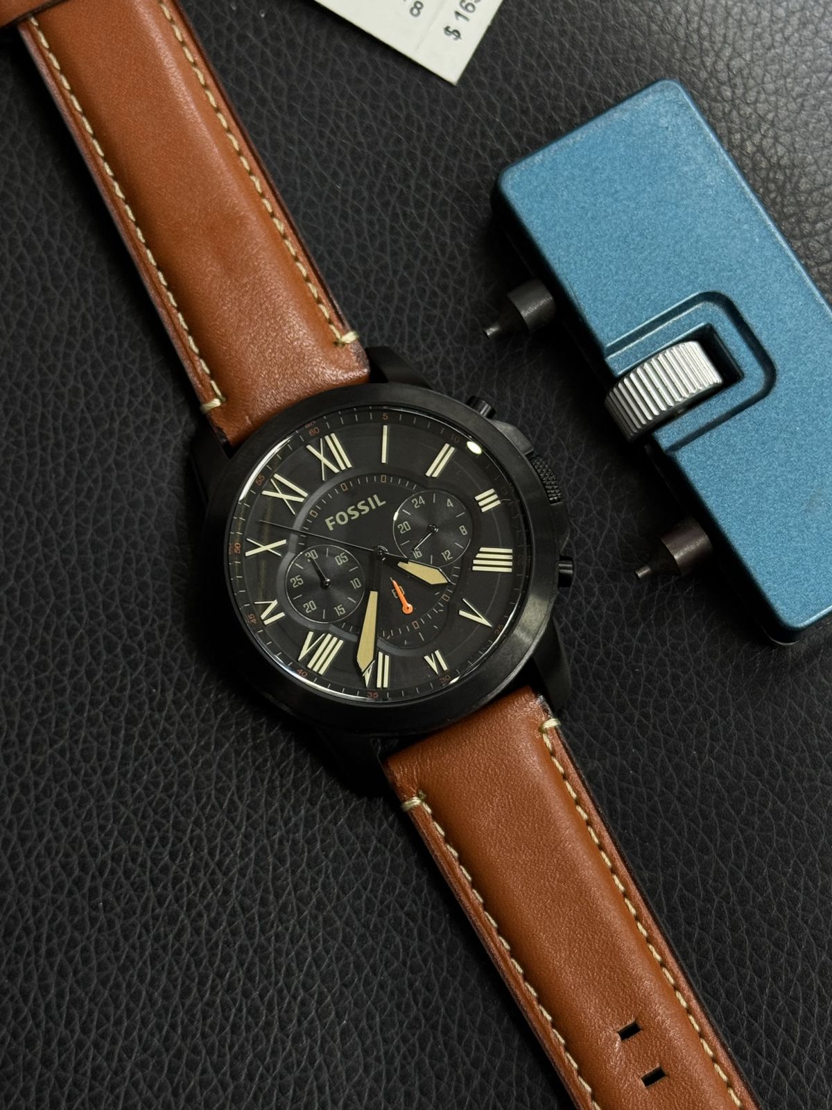 Fossill Chronograph Watch – Black Dial – Roman Numerals – Brown Leather Strap – Quartz