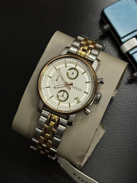 Fossill Chronograph Watch – White Dial – Two-Tone Stainless Steel – Date Display
