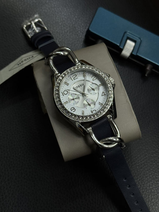 Fossill Ladies Multifunction Watch – White Dial – Crystal Bezel – Navy Leather Strap