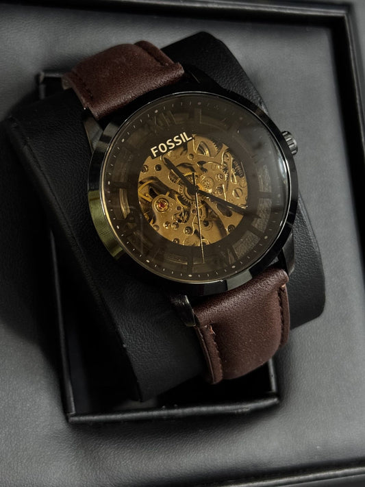 Fossill Skeleton Leather Watch (Black & Gold)