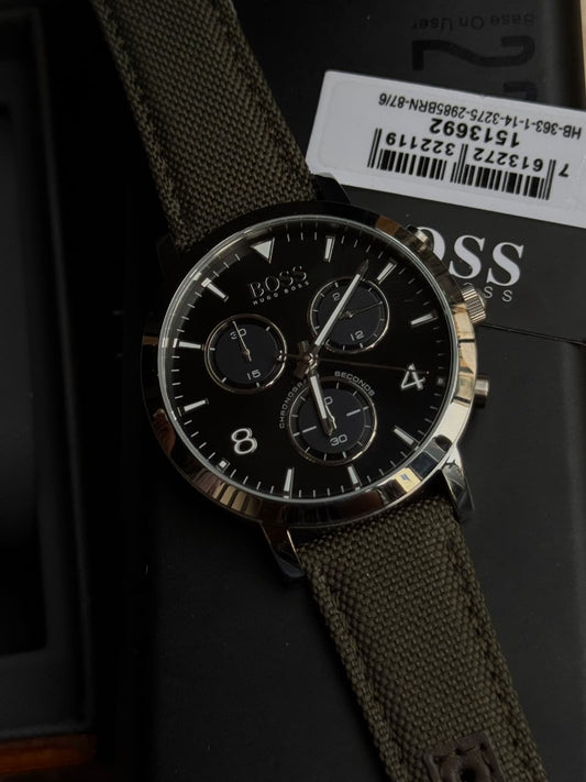 Premium AAA Hugo Booss Chronograph Watch for Men | Black Dial | Olive Green Canvas Strap | High Quality