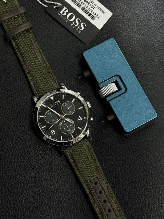 Premium AAA Hugo Booss Chronograph Watch for Men | Black Dial | Olive Green Canvas Strap | High Quality